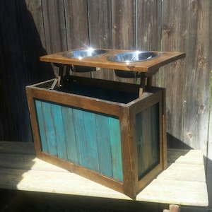 Raised dog feeder with storage, elevated feeder, distressed pet feeder, teal, pet bowls, dog bowls, western dog feeder, dog feeder