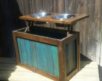 Raised dog feeder with storage, elevated feeder, distressed pet feeder, teal, pet bowls, dog bowls, western dog feeder, dog feeder