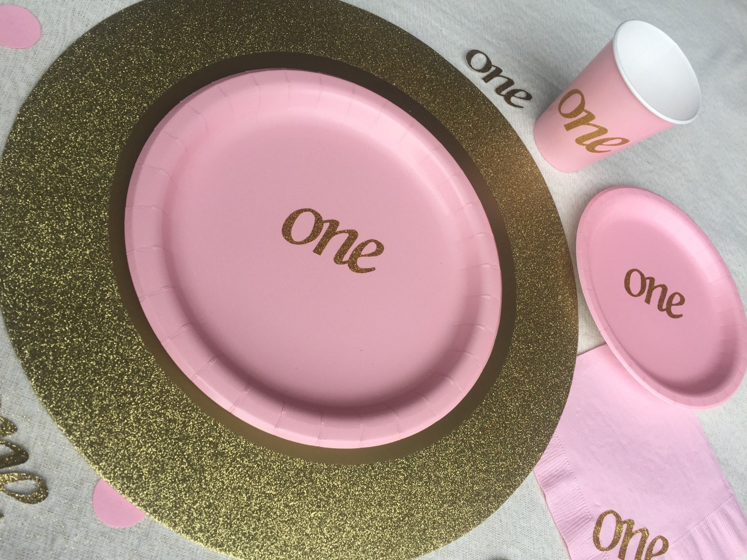 First Birthday Pink and Gold Glitter One Cups, Plates, and Napkins, 1st ...