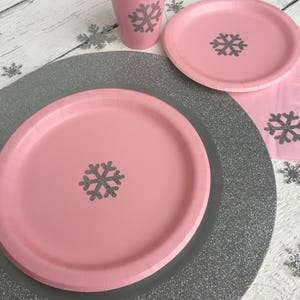 Pink and Silver Snowflake Cups, Plates, and Napkins, Winter Wonderland Birthday Party or Baby Shower,  Birthday Party Supplies