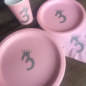 Third Birthday Pink and Silver Glitter 3 princess Cups, Plates, and Napkins, 3rd Birthday Party, Pink, Pink Silver Glitter Party Supplies image 1