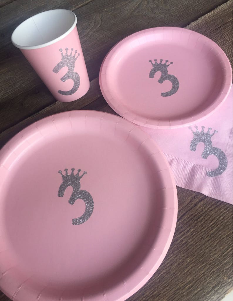 Third Birthday Pink and Silver Glitter 3 princess Cups, Plates, and Napkins, 3rd Birthday Party, Pink, Pink Silver Glitter Party Supplies image 1