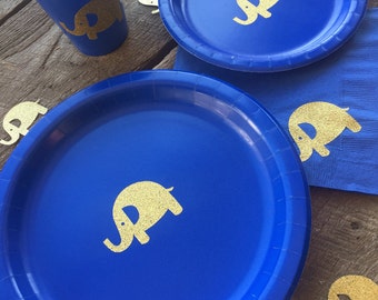 Elephant Royal Blue and Gold Glitter or Royal Blue and Silver Glitter Cups, Plates, and Napkins, Elephant Baby Shower or Birthday Party