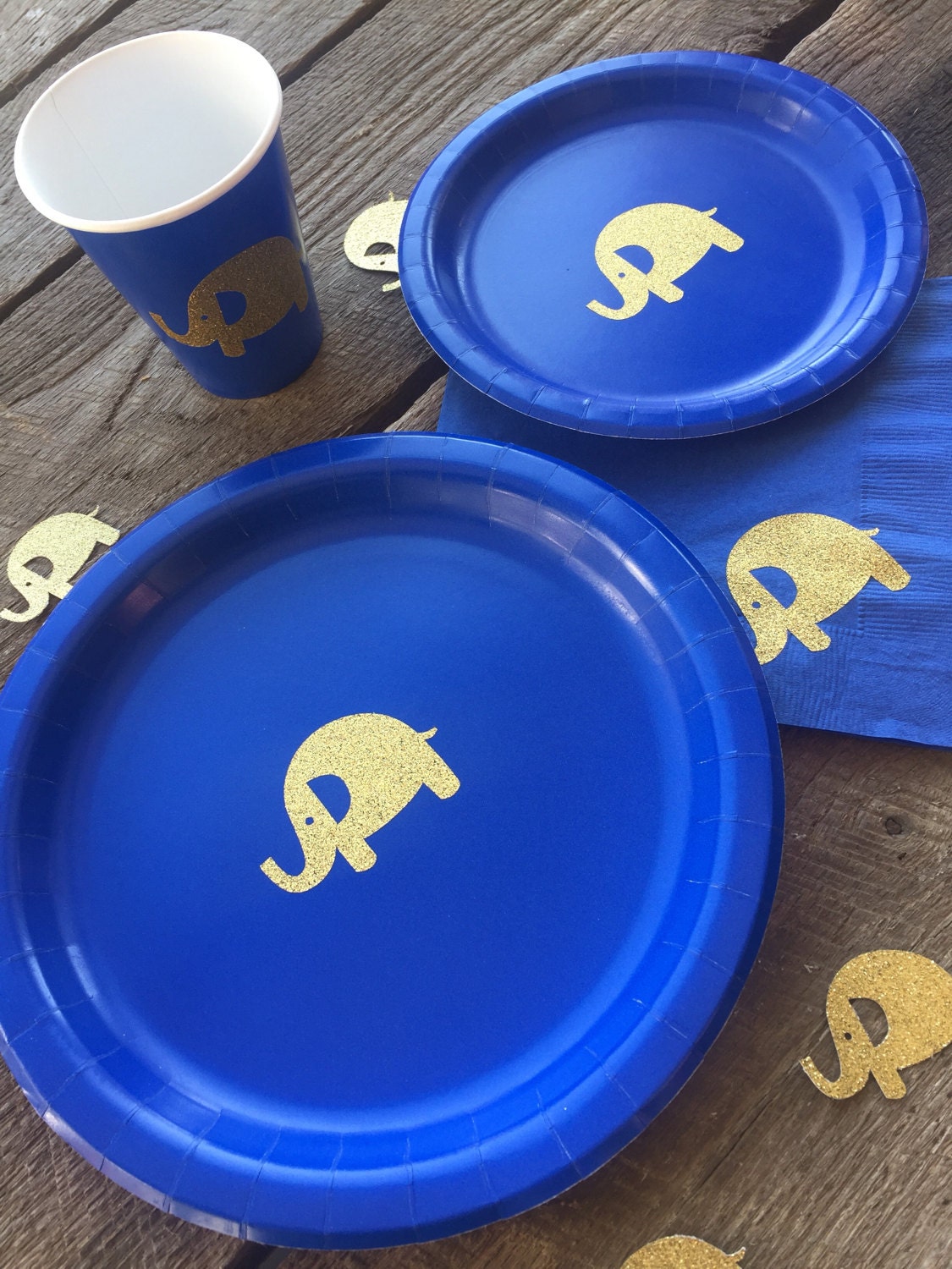 Elephant Royal Blue and Gold Glitter or Royal Blue and Silver Glitter Cups Plates and Napkins Elephant Baby Shower or