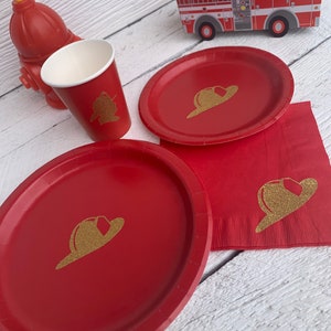 Red & Gold Glitter Fireman’s Hat Birthday Party Cups, Plates, and Napkins, Firefighter Birthday, Firetruck Party, Boy&#39;s Birthday Party