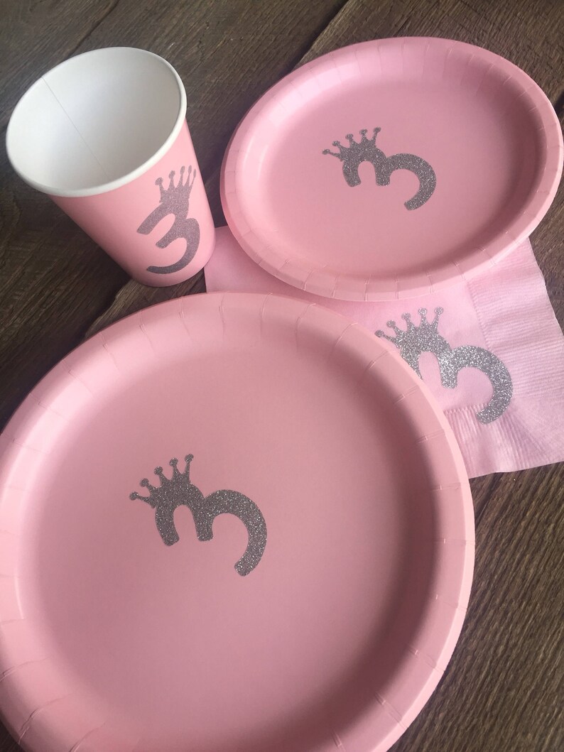 Third Birthday Pink and Silver Glitter 3 princess Cups, Plates, and Napkins, 3rd Birthday Party, Pink, Pink Silver Glitter Party Supplies image 6