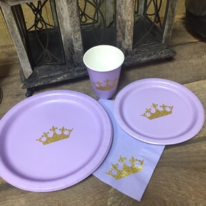 Lavender and Gold Glitter Crown Party Cups, Plates, and Napkins, Princess Party,Princess Baby Shower, Princess Birthday image 5