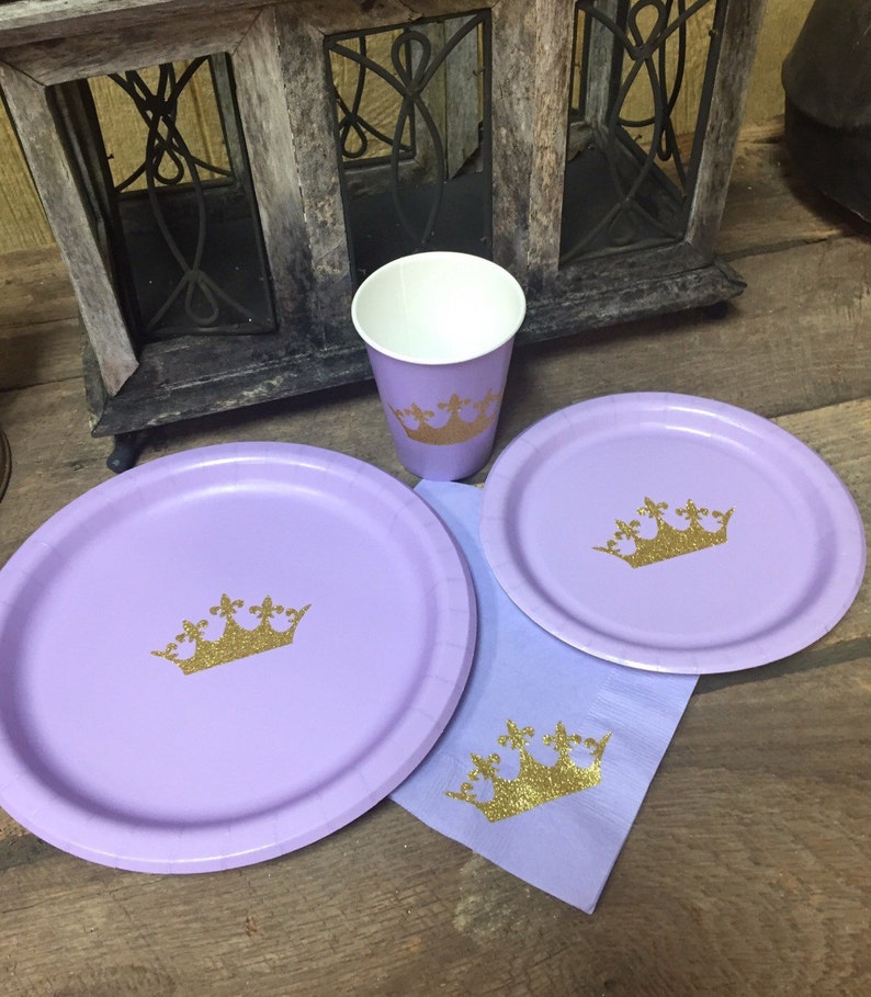 Lavender and Gold Glitter Crown Party Cups, Plates, and Napkins, Princess Party,Princess Baby Shower, Princess Birthday image 5