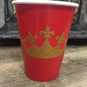 Princess or Prince Red and Gold Glitter Party Cups, Plates and Napkins, Prince Birthday Party, Red and Gold Birthday, Princess Baby Shower image 2