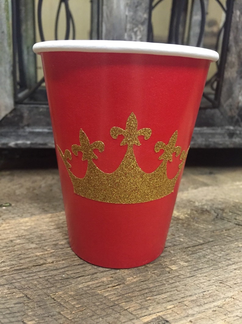 Princess or Prince Red and Gold Glitter Party Cups, Plates and Napkins, Prince Birthday Party, Red and Gold Birthday, Princess Baby Shower image 2