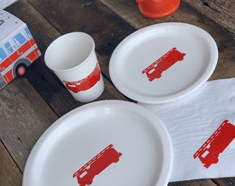 Red Firetruck Birthday Party Cups, Plates, and Napkins, Firefighter Birthday, Firetruck Party, Boy's Birthday Party