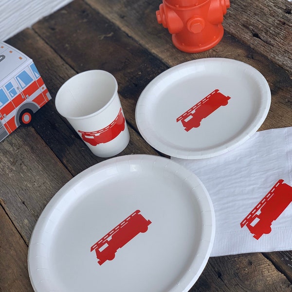 Red Firetruck Birthday Party Cups, Plates, and Napkins, Firefighter Birthday, Firetruck Party, Boy's Birthday Party