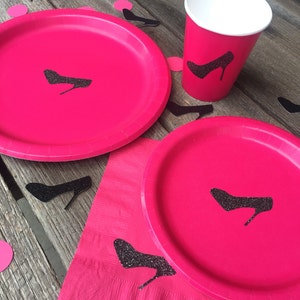 Bachelorette Party Cups, Plates, Napkins, Hot Pink and Black Party Decor, High Heels Party Supplies