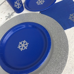 Royal Blue and silver Snowflake Cups, Plates, and Napkins, Winter Wonderland Birthday Party or Baby Shower