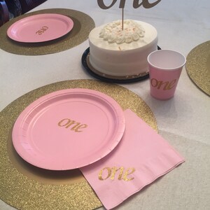 First Birthday Pink and Gold Glitter One Cups, Plates, and Napkins, 1st Birthday Party, Pink and Gold Party Supplies