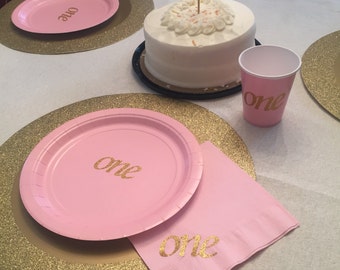First Birthday Pink and Gold Glitter One Cups, Plates, and Napkins, 1st Birthday Party, Pink and Gold Party Supplies
