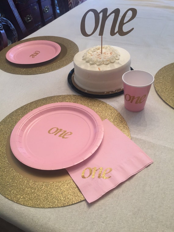 First Birthday Pink And Gold Glitter One Cups Plates And Etsy