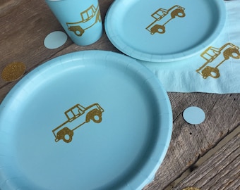 Blue & Gold Glitter Vintage Truck Birthday Party Cups, Plates, and Napkins, Blue and Gold Birthday, Boy's Birthday Party