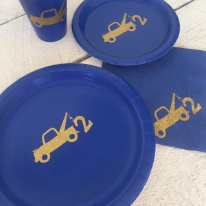 Second Birthday Tow Truck Royal Blue and Gold Cups, Plates, and Napkins, 2nd Birthday Party, Truck Party