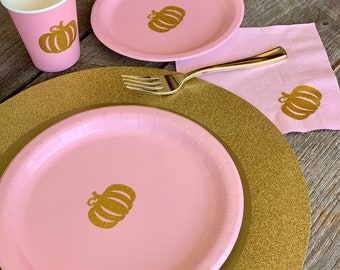 Pink & Gold, Rose Gold, or Silver Glitter Pumpkin, Pumpkin Patch Party Cups, Plates, and Napkins,Little Pumpkin Party