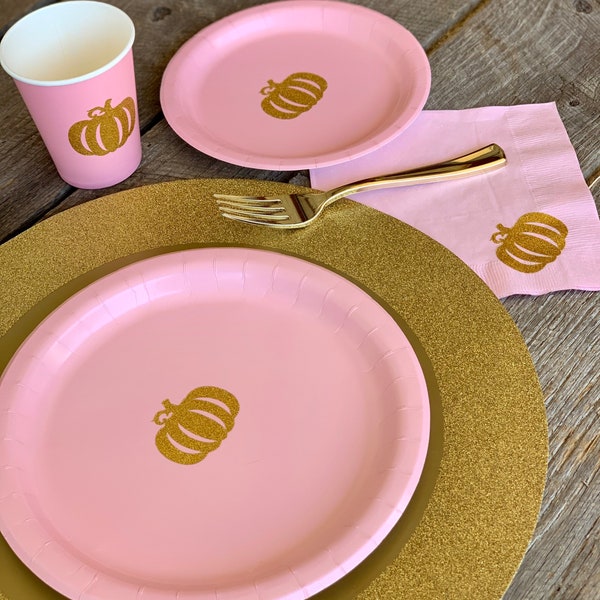 Pink & Gold, Rose Gold, or Silver Glitter Pumpkin, Pumpkin Patch Party Cups, Plates, and Napkins,Little Pumpkin Party