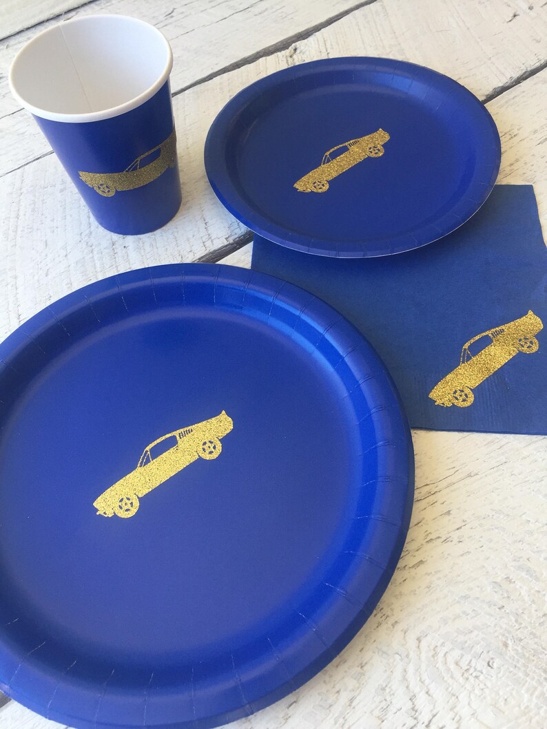Royal Blue Gold Glitter Racecar Birthday Racecar Party Cups Plates and Napkins Blue and Gold Birthday Car Party