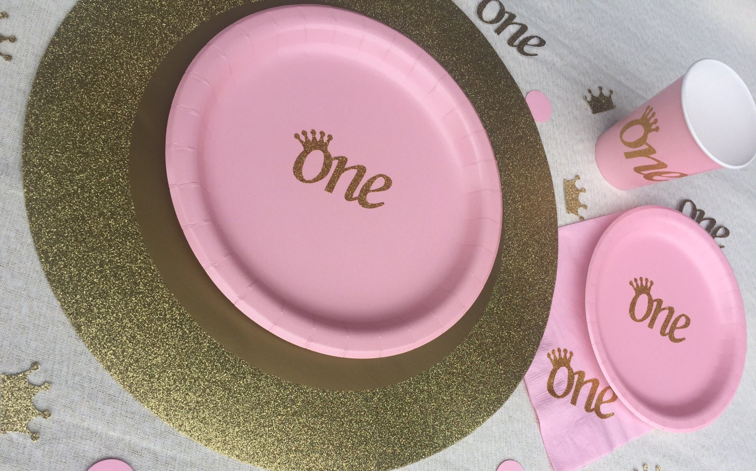First Birthday Pink and Gold Glitter or Pink and Silver One Crown CupsPlates and Napkins1st Birthday PartyPrincess PartyPink