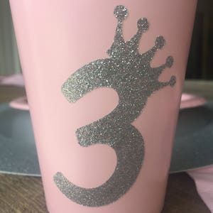 Third Birthday Pink and Silver Glitter 3 princess Cups, Plates, and Napkins, 3rd Birthday Party, Pink, Pink Silver Glitter Party Supplies image 2