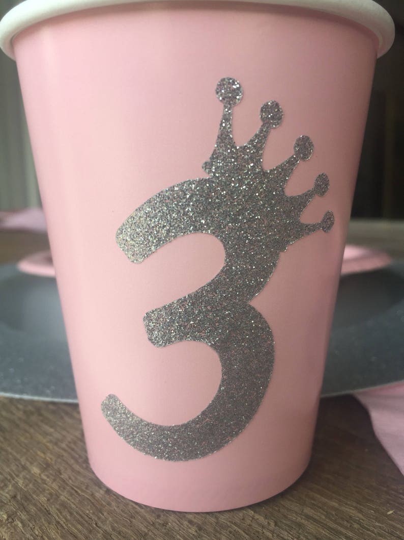 Third Birthday Pink and Silver Glitter 3 princess Cups, Plates, and Napkins, 3rd Birthday Party, Pink, Pink Silver Glitter Party Supplies image 2