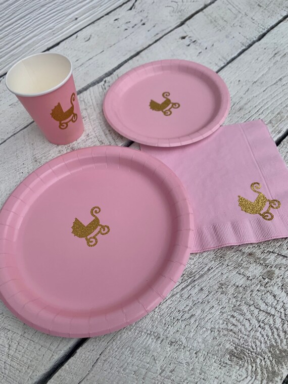 Pink and gold baby shower plates and napkins discount
