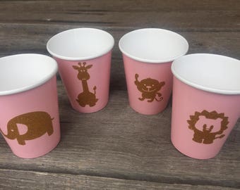 Baby Zoo Animal Party Cups, Plates, Napkins, Jungle Baby Shower, Zoo Birthday Party, Pink and Gold Birthday, Safari Birthday or Baby Shower