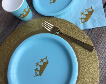 Prince Crown Pastel Blue and Gold Glitter Party Cups, Plates and Napkins, Princess Birthday Party, Baby Blue and Gold Birthday, Prince Baby