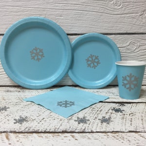 Blue or Pink and Silver Snowflake Cups, Plates, and Napkins, Winter Wonderland Birthday Party or Baby Shower