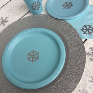 Pastel Blue and Silver Snowflake Cups, Plates, and Napkins, Winter Wonderland Birthday Party or Baby Shower