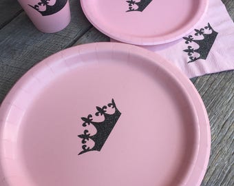 Princess Crown Pink and Black Glitter Party Cups, Plates and Napkins, Princess Birthday Party, Pink and Black Birthday, Princess Baby Shower