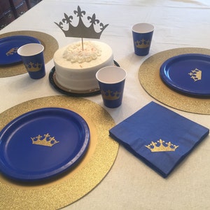 Royal Prince Blue and Gold Glitter Crown Party Cups Plates and Napkins,Crown Prince Party,Prince Baby Shower, Its a Boy Shower, Prince Party