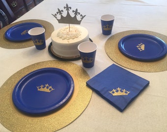 Royal Prince Blue and Gold Glitter Crown Party Cups Plates and Napkins,Crown Prince Party,Prince Baby Shower, Its a Boy Shower, Prince Party