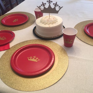 Princess or Prince Red and Gold Glitter Party Cups, Plates and Napkins, Prince Birthday Party, Red and Gold Birthday, Princess Baby Shower image 1