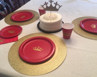 Princess or Prince Red and Gold Glitter Party Cups, Plates and Napkins, Prince Birthday Party, Red and Gold Birthday, Princess Baby Shower