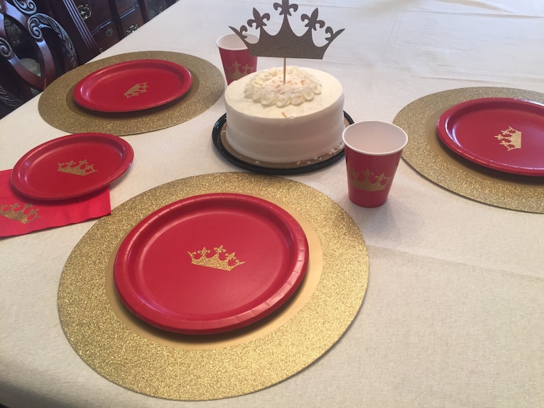 Princess or Prince Red and Gold Glitter Party Cups, Plates and Napkins, Prince Birthday Party, Red and Gold Birthday, Princess Baby Shower image 1