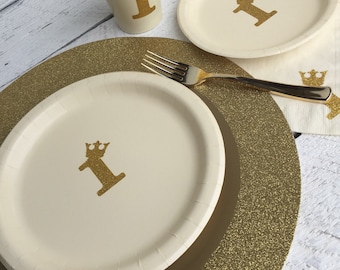 First Birthday Ivory and Gold Glitter One Crown Cups,Plates and Napkins,1st Birthday Party, Prince Party, Ivory & Gold