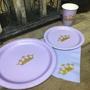 Lavender and Gold Glitter Crown Party Cups, Plates, and Napkins, Princess Party,Princess Baby Shower, Princess Birthday image 1