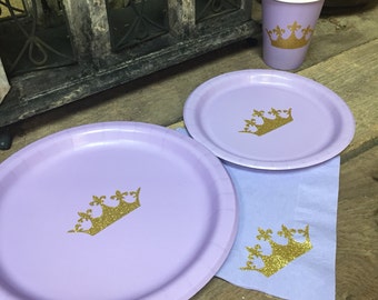 Lavender and Gold Glitter Crown Party Cups, Plates, and Napkins, Princess Party,Princess Baby Shower, Princess Birthday