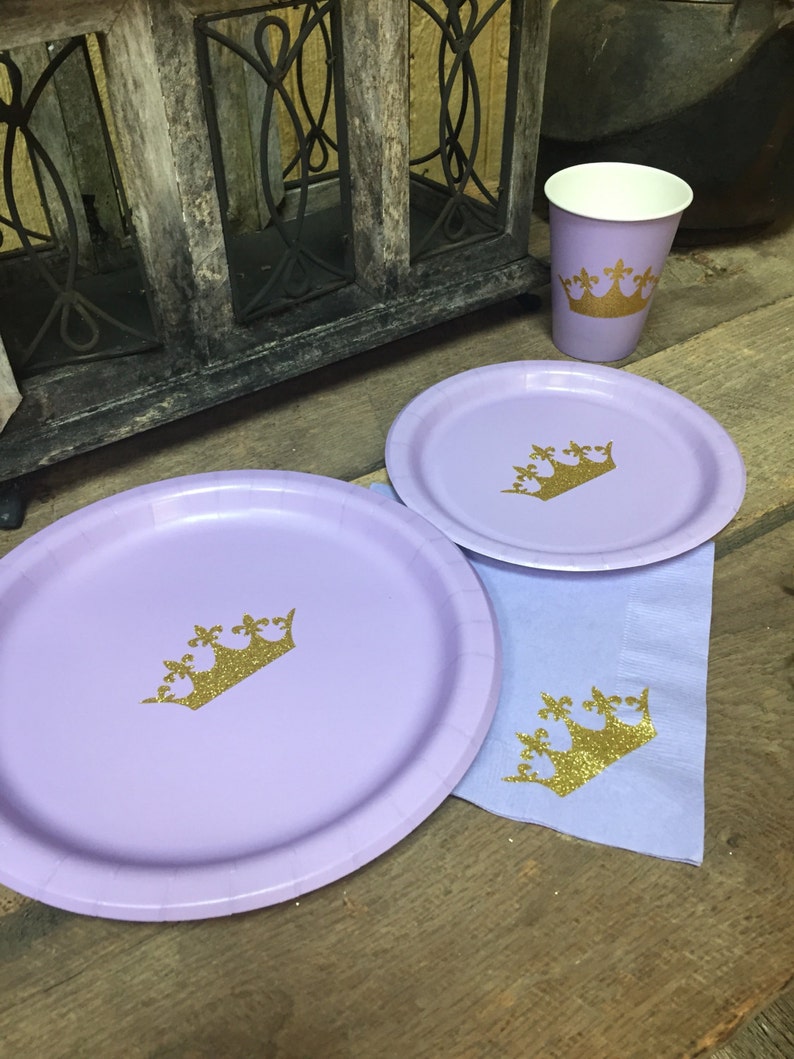 Lavender and Gold Glitter Crown Party Cups, Plates, and Napkins, Princess Party,Princess Baby Shower, Princess Birthday image 1