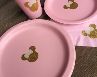 Minnie Mouse Party, Minnie Mouse Cups, Plates, Napkins, Minnie Gold Glitter, Minnie Baby Shower, Pink and Gold Party