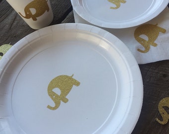 Elephant White and Gold Glitter or White and Silver Glitter Cups, Plates, and Napkins, Elephant Baby Shower or Birthday Party