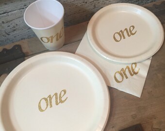 Ivory Cream and Gold Glitter "ONE" Cups, Plates, and Napkins, 1st Birthday Party, Prince or Princess Birthday, Ivory and Gold Party