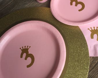 Third Birthday Pink and Gold Glitter "3" princess Cups, Plates, and Napkins, 3rd Birthday Party, Pink, Pink Gold Glitter Party Supplies