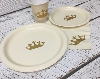 Princess Crown Ivory Cream and Gold Glitter Cups, Plates, and Napkins, 1st Birthday Party, Prince or Princess Birthday, Ivory and Gold Party