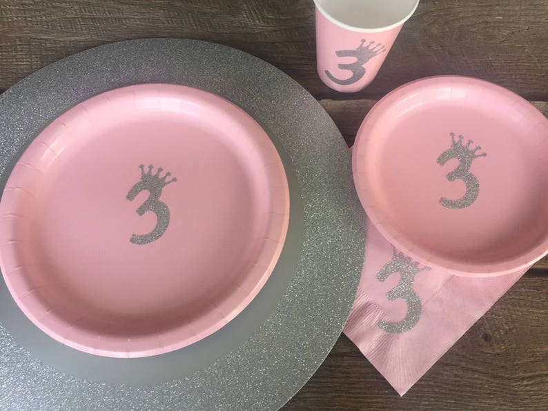 Third Birthday Pink and Silver Glitter 3 princess Cups, Plates, and Napkins, 3rd Birthday Party, Pink, Pink Silver Glitter Party Supplies image 7